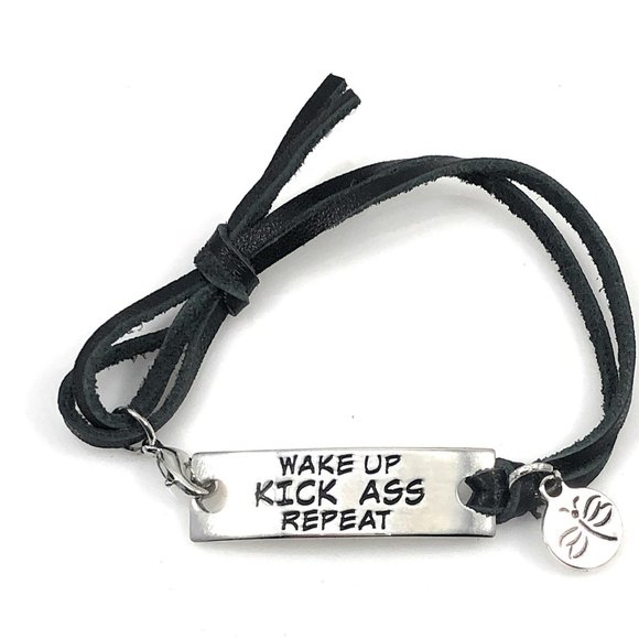 Leather Bracelet Wake Up Kick Ass Repeat Inspirational Saying - Picture 2 of 5